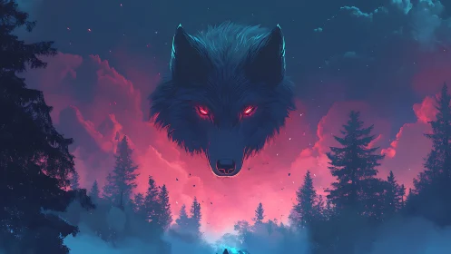Wolf head with glowing red eyes hovers over twilight forest