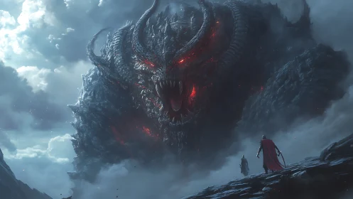 Warriors confront colossal horned lava demon in storm.