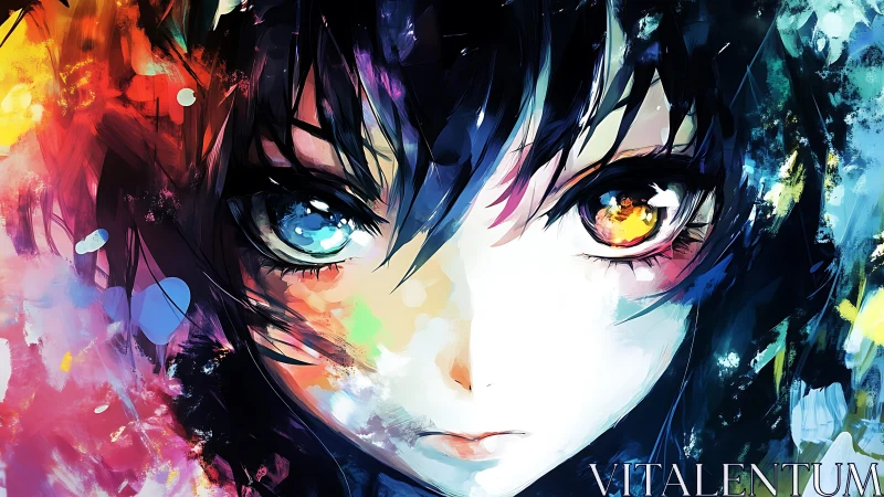 Anime portrait with dual-color eyes and abstract color fields.