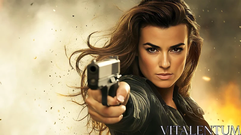 Woman holds handgun toward camera in smoky backlit setting