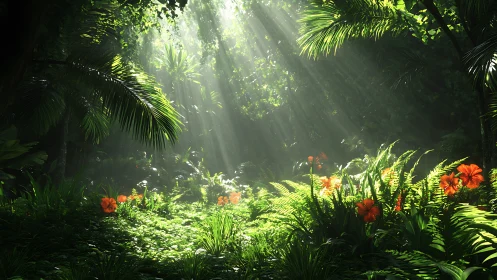 Sunlit tropical understory with dense foliage and flowers.