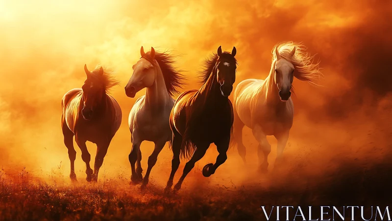 Wild sunfire stampede of horses through blazing dusk mist.