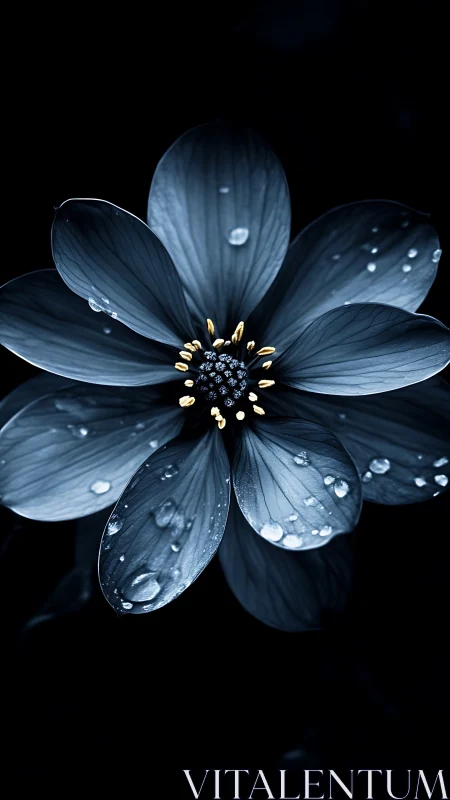 Deep Blue Cosmos Flower with Gold Stamens and Dew Droplets