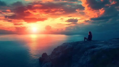 Solitary dreamer on a flame-washed ocean horizon at dusk.