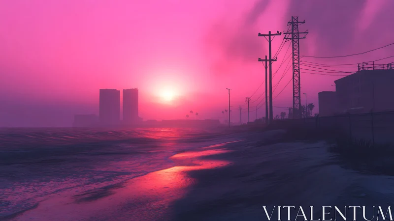 Neon magenta coastal sunset illuminates silhouetted urban skyline