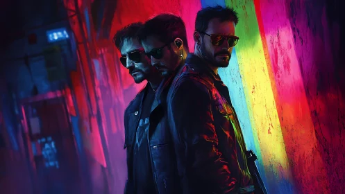 Three cyberpunk men in neon alley with mirrored poses.