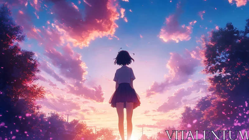 Girl stands beneath a glowing dusk sky in quiet reflection