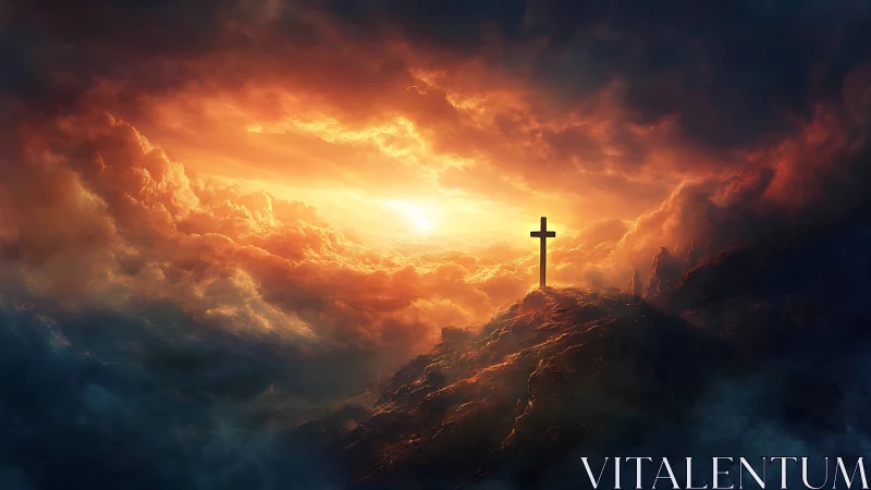 Burning dawn above the clouds crowns a lone hilltop cross.