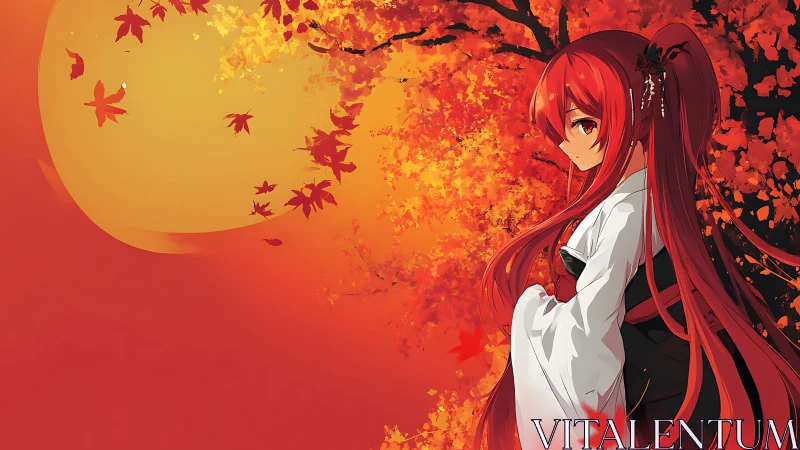 Crimson autumn shrine maiden listens to the falling leaves