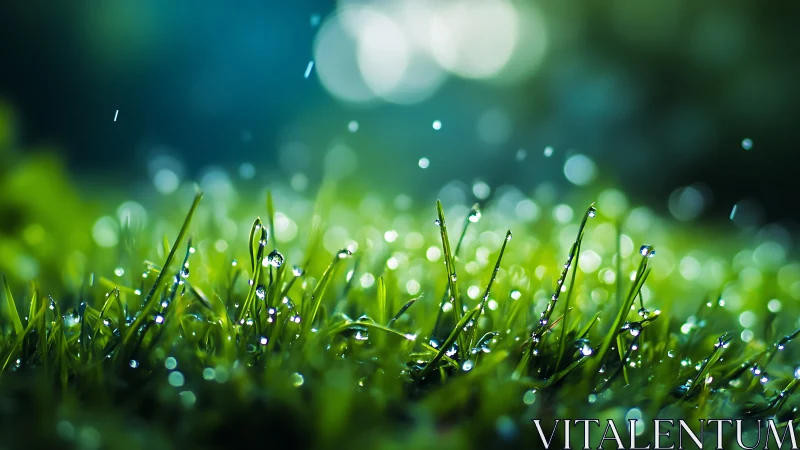 Morning dew jewels on neon green grass under rain.