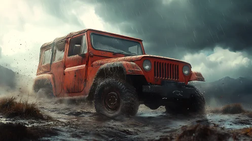 Bold red off road jeep splashing through stormy mountain mud.
