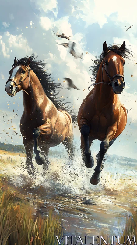 Two galloping horses charge through shallow water in sunlight
