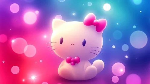 Kawaii pastel cat mascot with pink bows on bokeh lights.