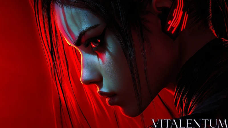 Cybernetic profile study with high contrast red edge lighting.