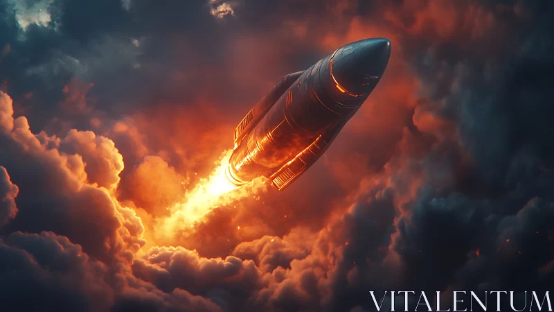 Rocket ascent carving a fiery path through storm clouds.