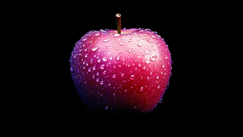 Luminous red apple with dewy droplets on black backdrop.