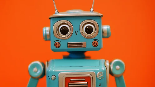 Playful teal toy robot stands against vivid orange backdrop