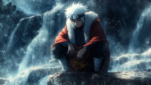 Stormlit ninja’s quiet pause beside the roaring falls.