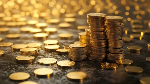 Golden coin stacks under warm cinematic bokeh lighting.