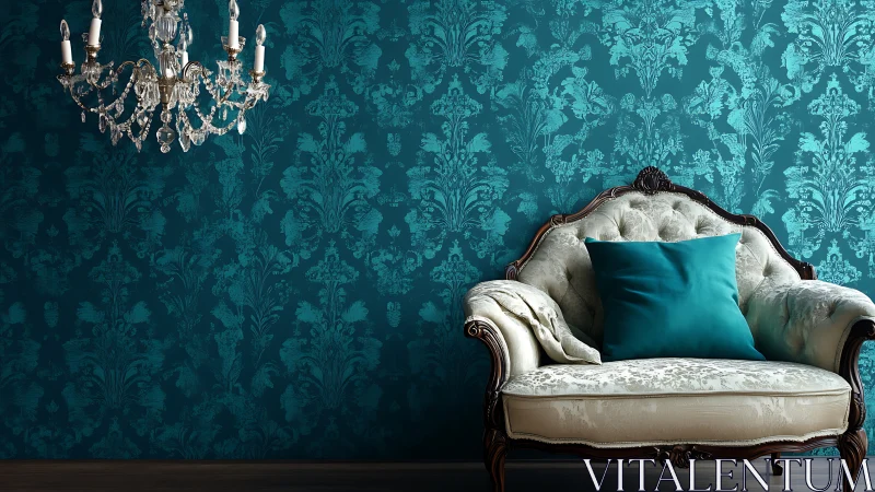 Teal damask wall frames ornate sofa and crystal chandelier.