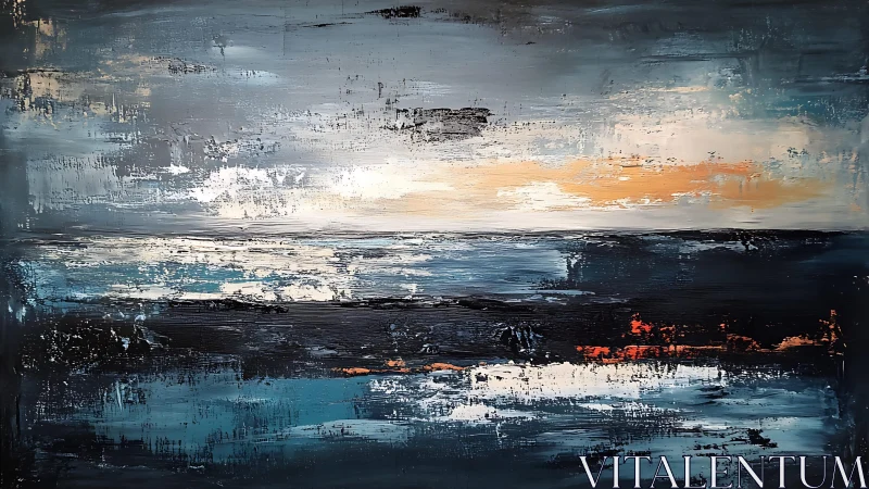 Abstract seascape painting with textured brush strokes and sunset hues.