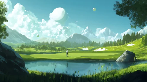 Golfer on green beside lake in alpine valley landscape.