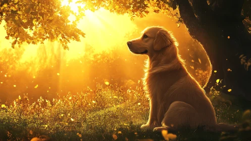 Golden retriever basks in radiant autumn woodland light