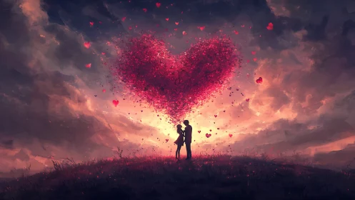 Romantic Silhouette with Exploding Heart Particle System.