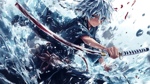 Storm-bright swordsman slices through crashing waves in focus