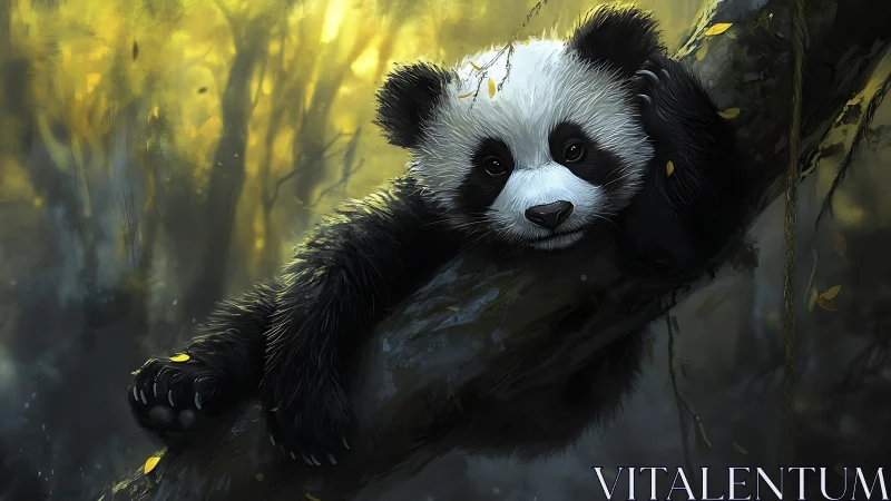 Juvenile panda resting on branch in luminous forest light