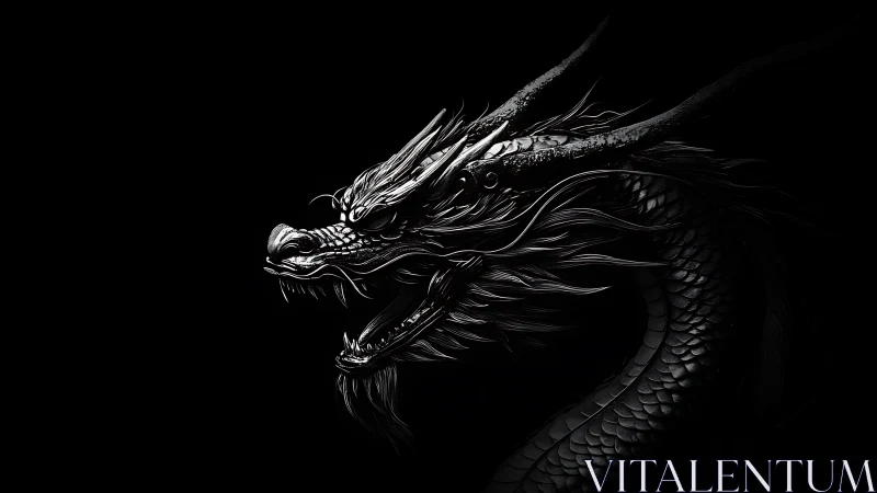 Monochrome serpentine dragon rendered with high contrast detailing.