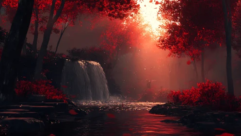 Crimson Forest Waterfall: Ethereal Luminescence Through Red Canopy.