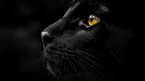 Black Cat With Golden Eyes in the Shadows.