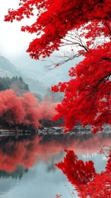 Crimson maple canopy reflected across misted river valley.