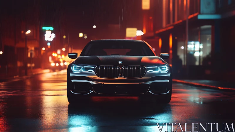 Front view of modern sedan on wet city street at night.