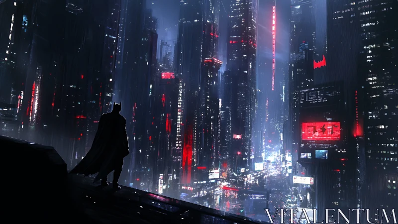 Dark caped figure overlooking neon soaked rainy city.