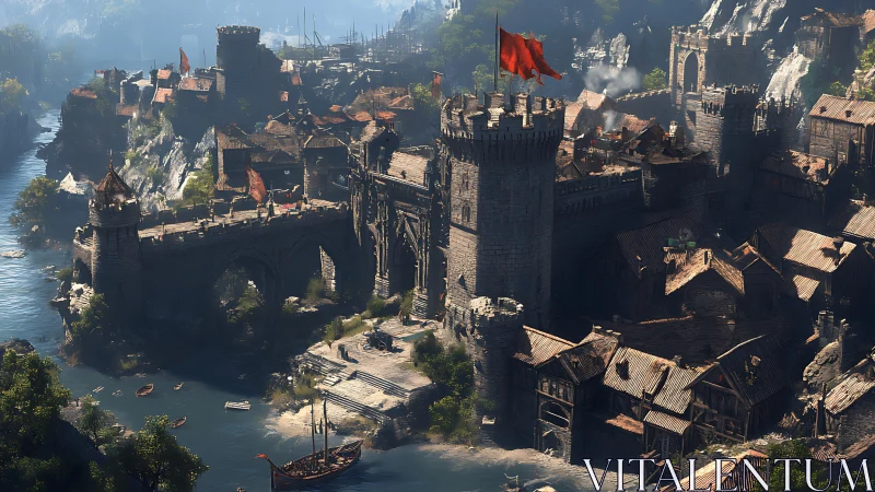 River-wreathed fortress city under blazing crimson banners.