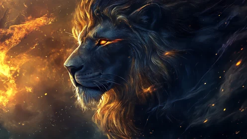 Mythic firelit lion profile in nebular cosmic darkness