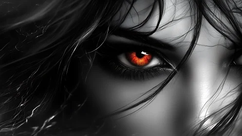 Scarlet inferno eyes burn through monochrome shadows.