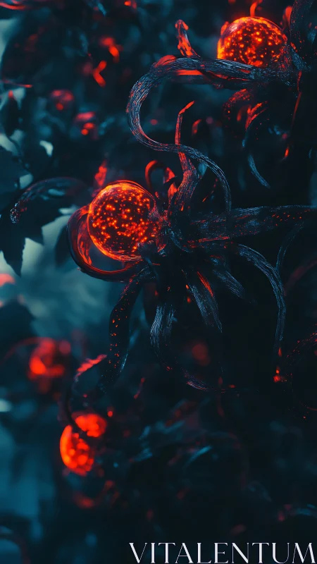 Bioluminescent crimson orbs entwined in dark alien vines.
