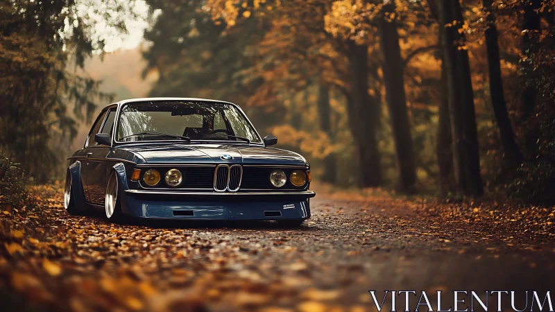 Modified classic BMW sedan on leaf-covered forest road.