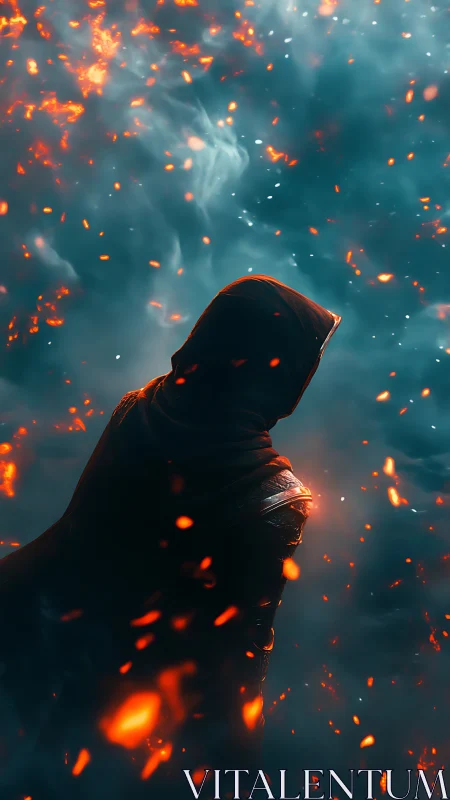 Hooded figure stands amid dispersed embers and dense smoke