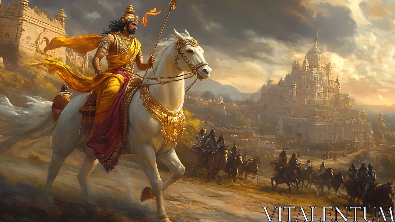 Warrior king leads radiant cavalry toward golden citadel.