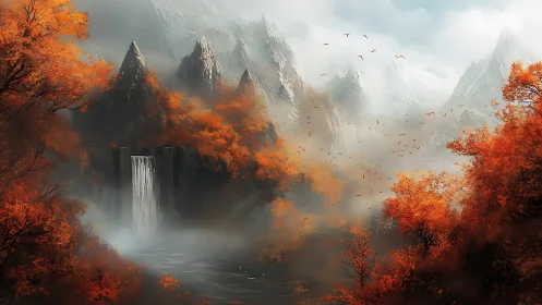 Autumn valley with waterfall and distant snow-covered peaks.