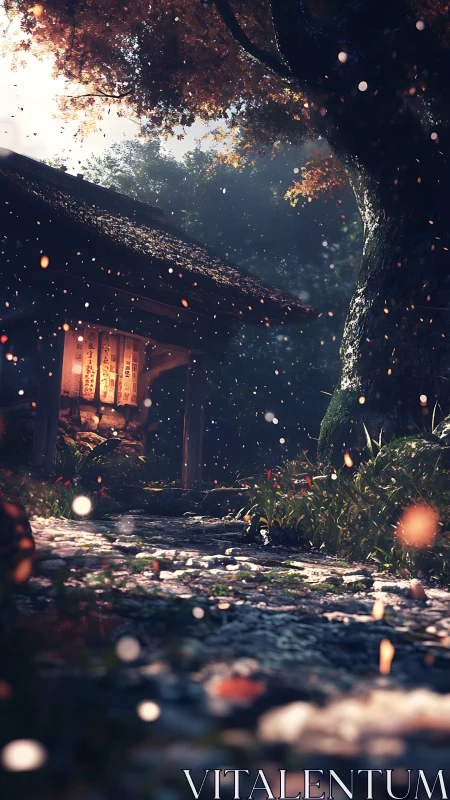 Forest shrine glows under drifting embers at dusk.