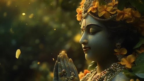 Serene blue deity statue in golden bokeh forest light