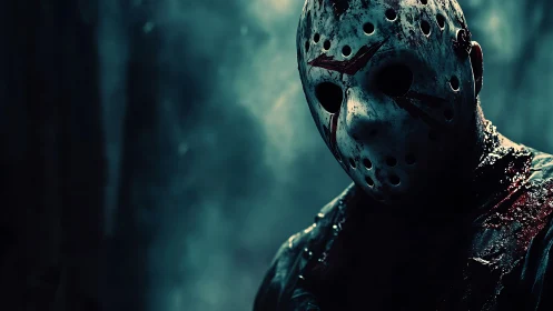 Bloodstained hockey mask stalker in moonlit haunted forest.