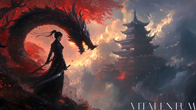 Warrior and dragon confront temple amid incendiary sky