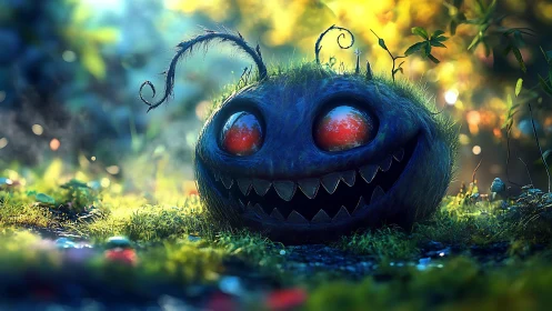 Whimsical moss creature with glowing eyes in forest light.