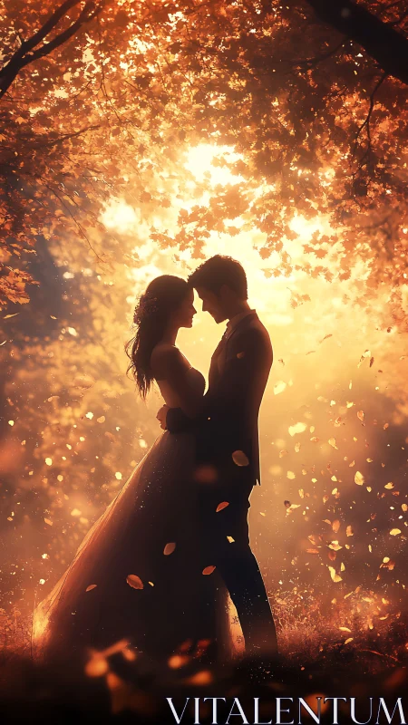 Two figures silhouetted against luminous foliage with falling leaves